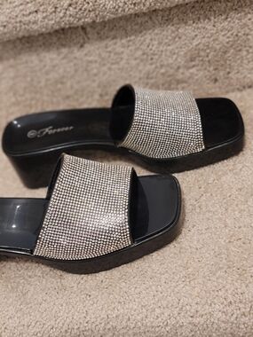 Forever - Black Platform Slide Mules with Silver Rhinestone Strap
